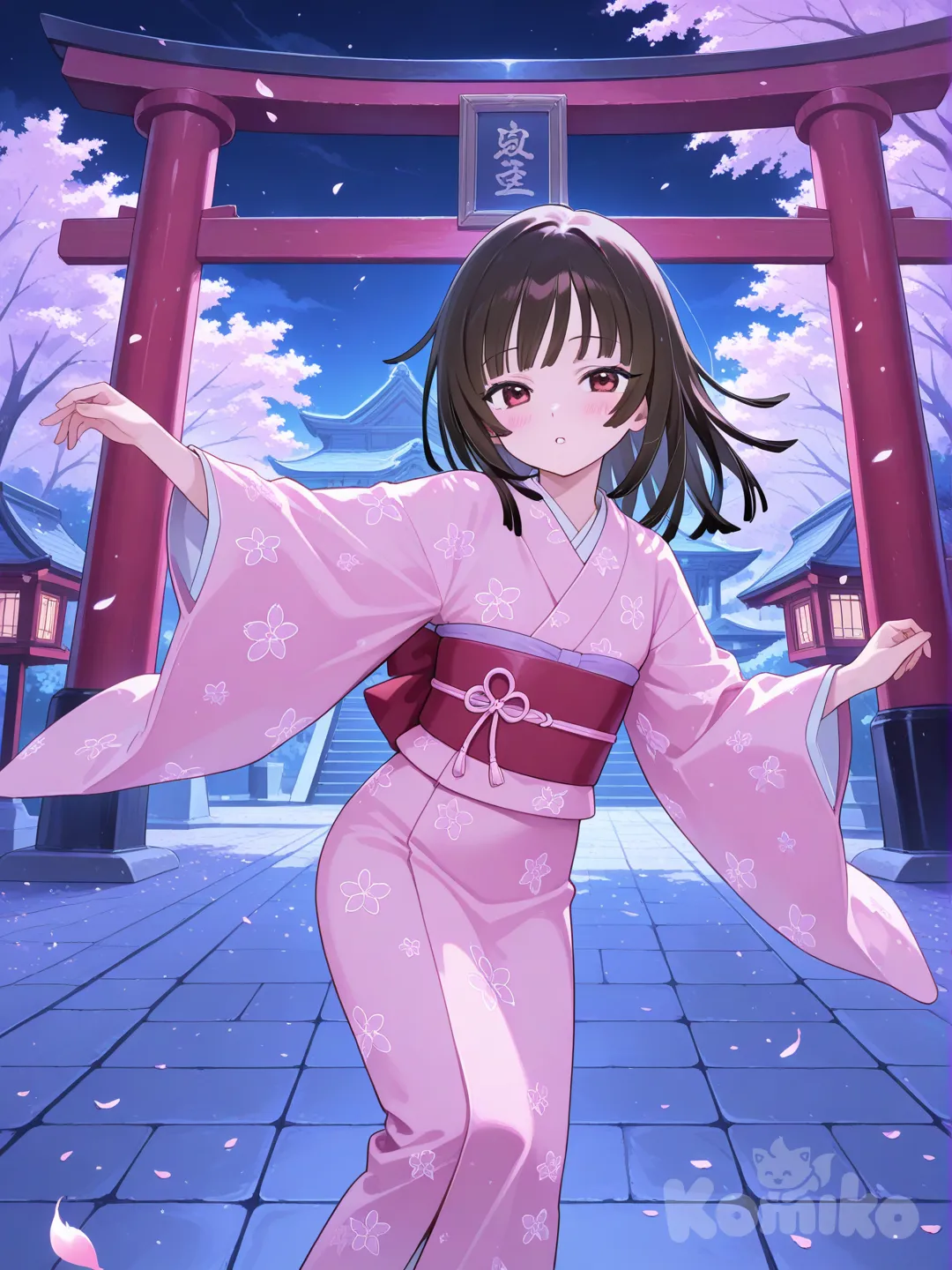 sengoku nadeko, pink kimono, temple, dancing