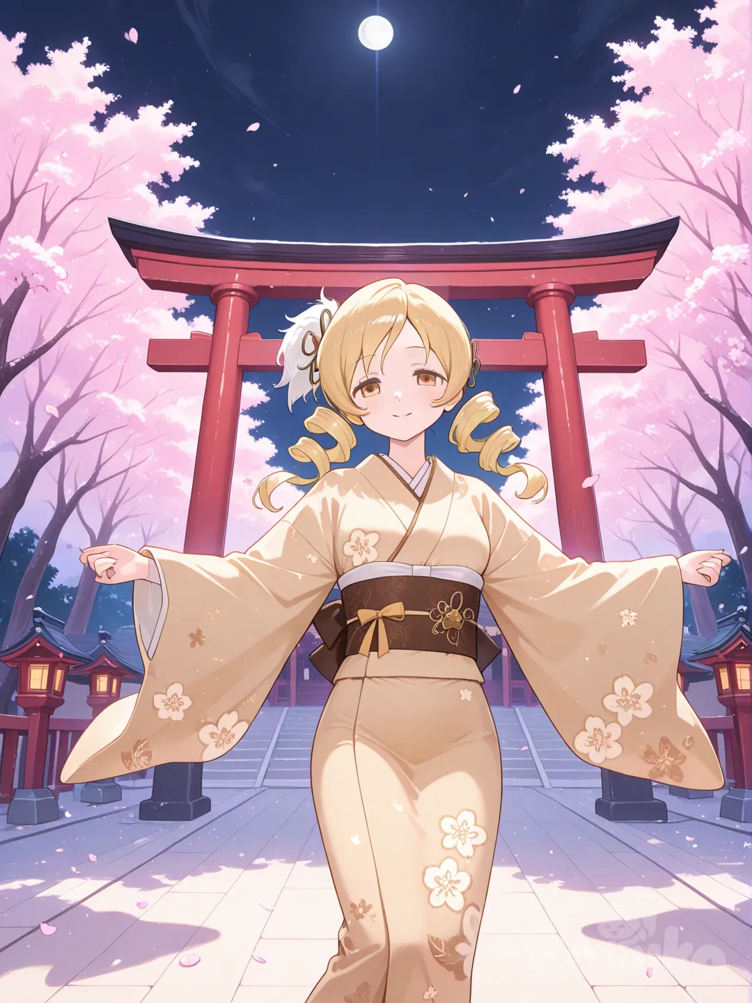 @tomoe mami, kimono, temple, dancing