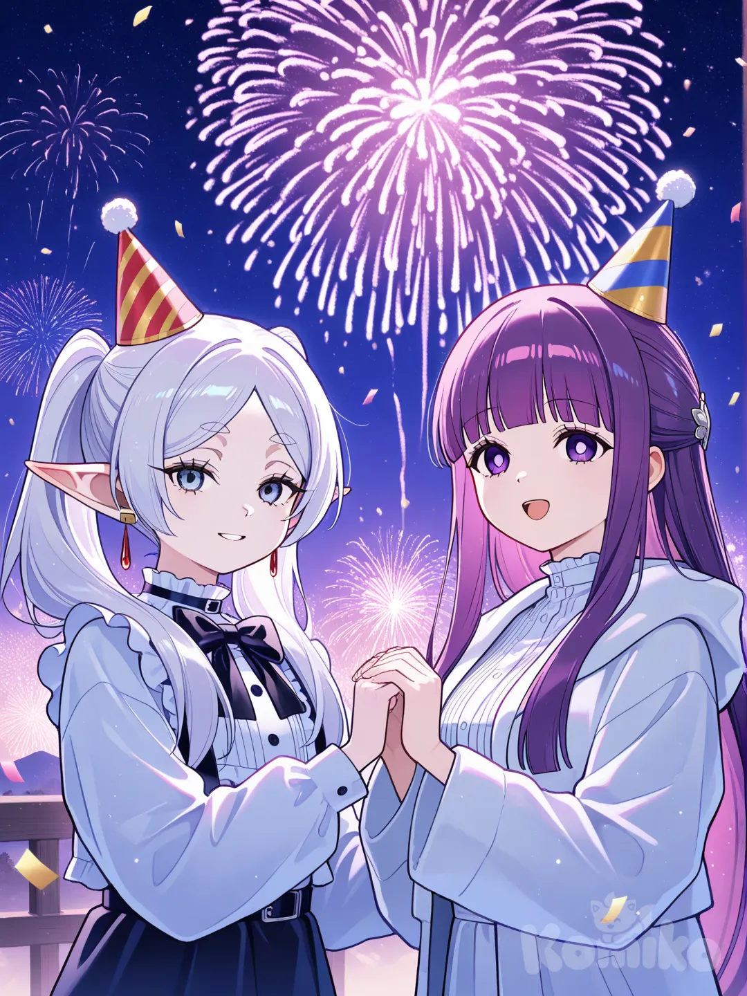 @Frieren , happy new year, 2026, celebrating with @Fern_(Sousou_No_Frieren) , fireworks