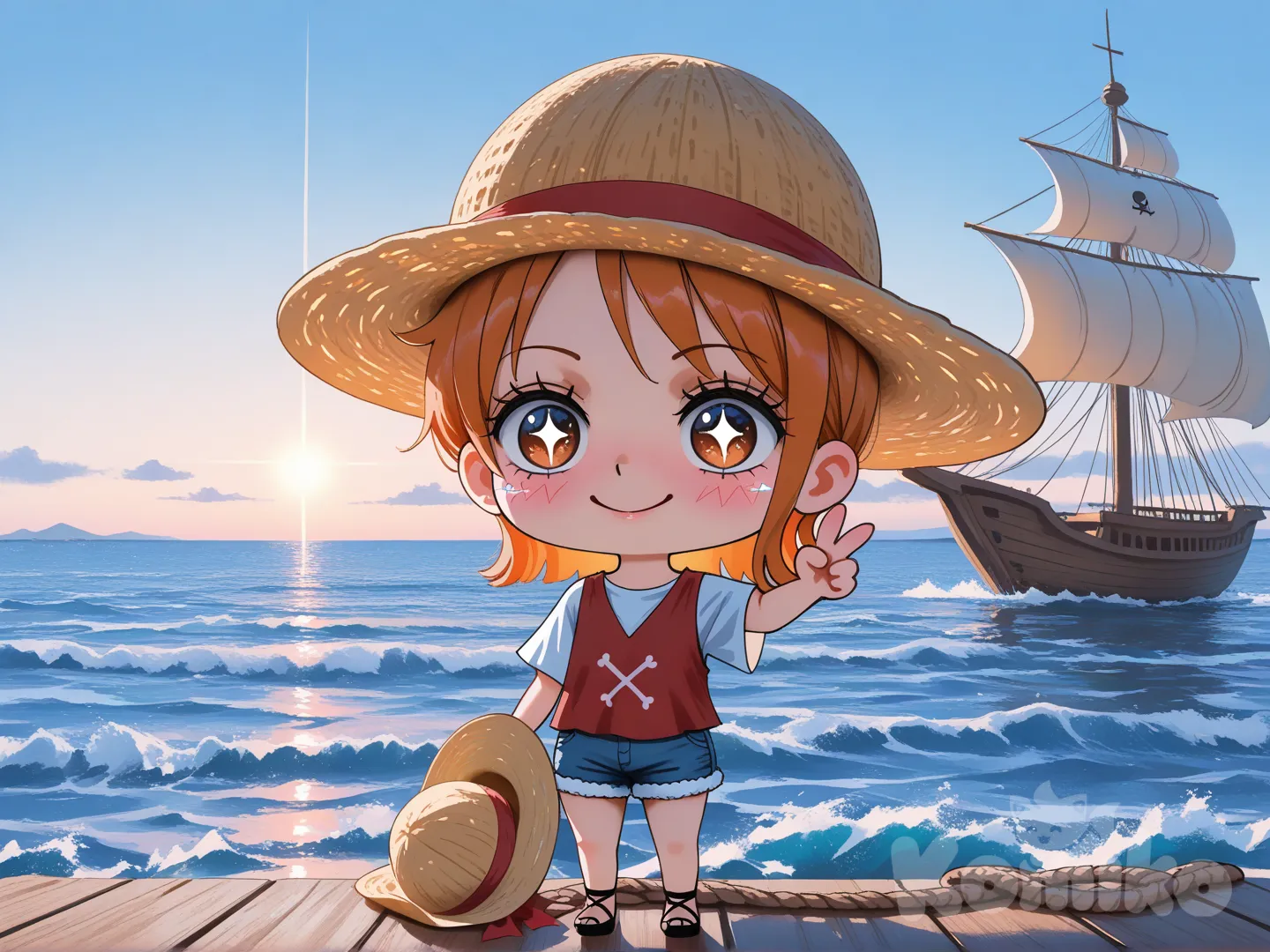Nami from One Piece, dressed in an oversized, adorable version of Luffy’s iconic red vest and blue shorts, standing cheerfully on the deck of the pirate ship under the bright sky. The red vest is loose and cute, slightly too big for her, and the shorts are rolled up playfully. She wears Luffy’s straw hat tilted at a jaunty angle, her short orange hair peeking out, cheeks blushing, and a big sparkling smile on her face. Nami strikes a cute pose, one hand making a peace sign (V sign), the other holding the hat, eyes wide and sparkling with mischief. The background is a vibrant ship deck with wooden planks, coiled ropes, and the sparkling blue ocean beyond. Sunlight dances on the waves, and the whole scene radiates bright, cheerful energy. Highly ultra-cute anime style, bright pastel colors, big eyes, soft lighting, small highlights on her skin, playful and innocent, by WLOP, Greg Rutkowski, chibi touches, full scene, sharp focus, super cute, wholesome, lively mood.