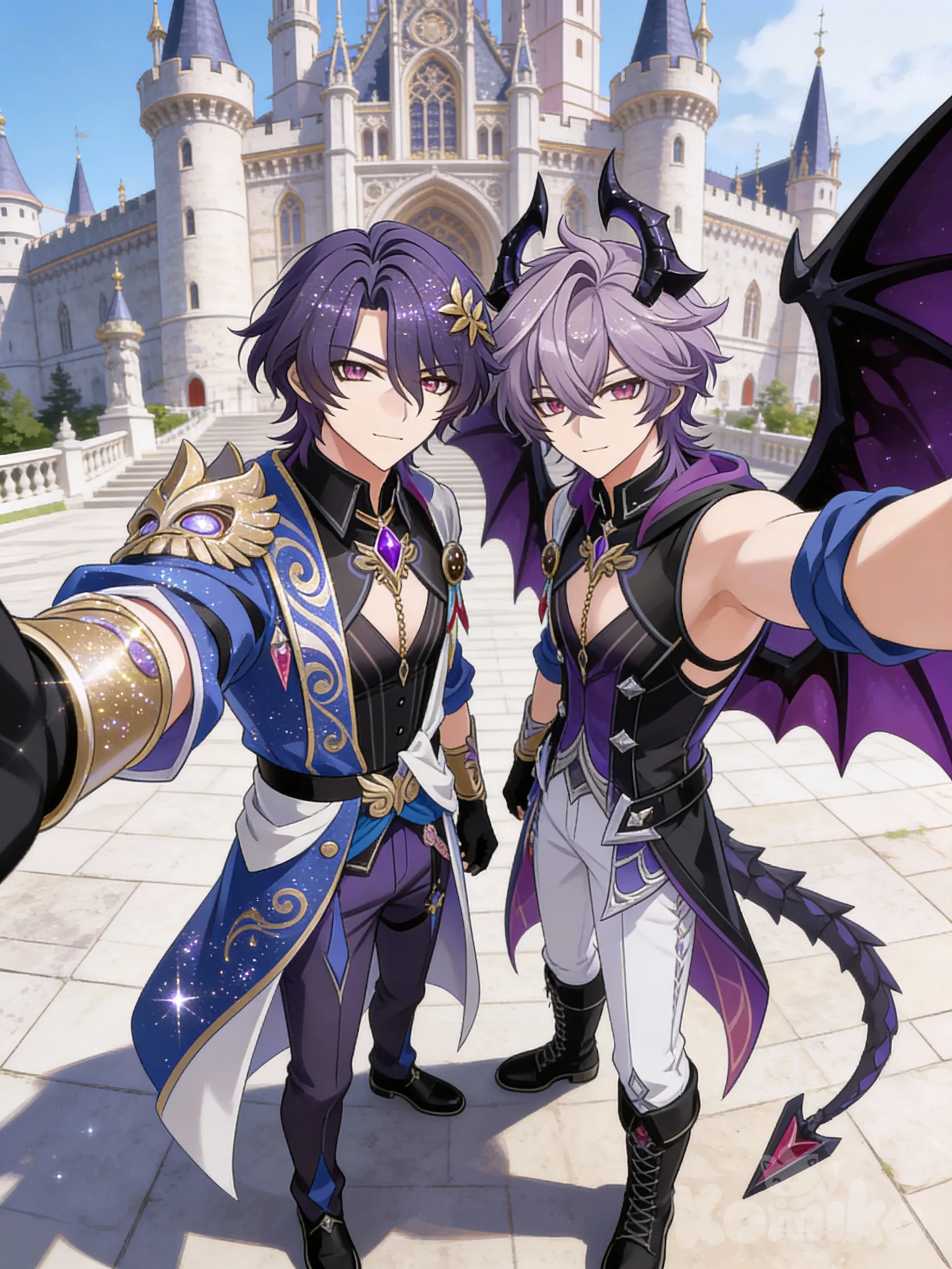 2boys, @Dr._Ratio_(Honkai:Star_Rail), @Durin, selfie, headshot, sparkle, castle