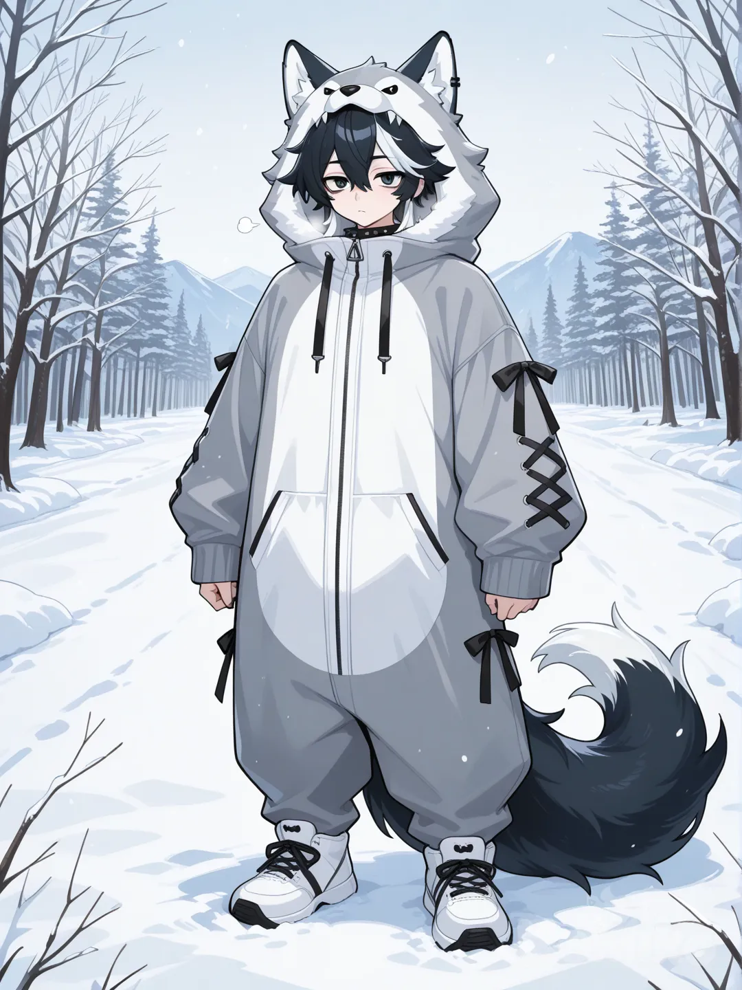 lelaki, rambut hitam garis putih,mata hitam,telinga serigala fenrir, background snow,ekor fenrir, outfit kostum hewan mitologi serigala fenrir