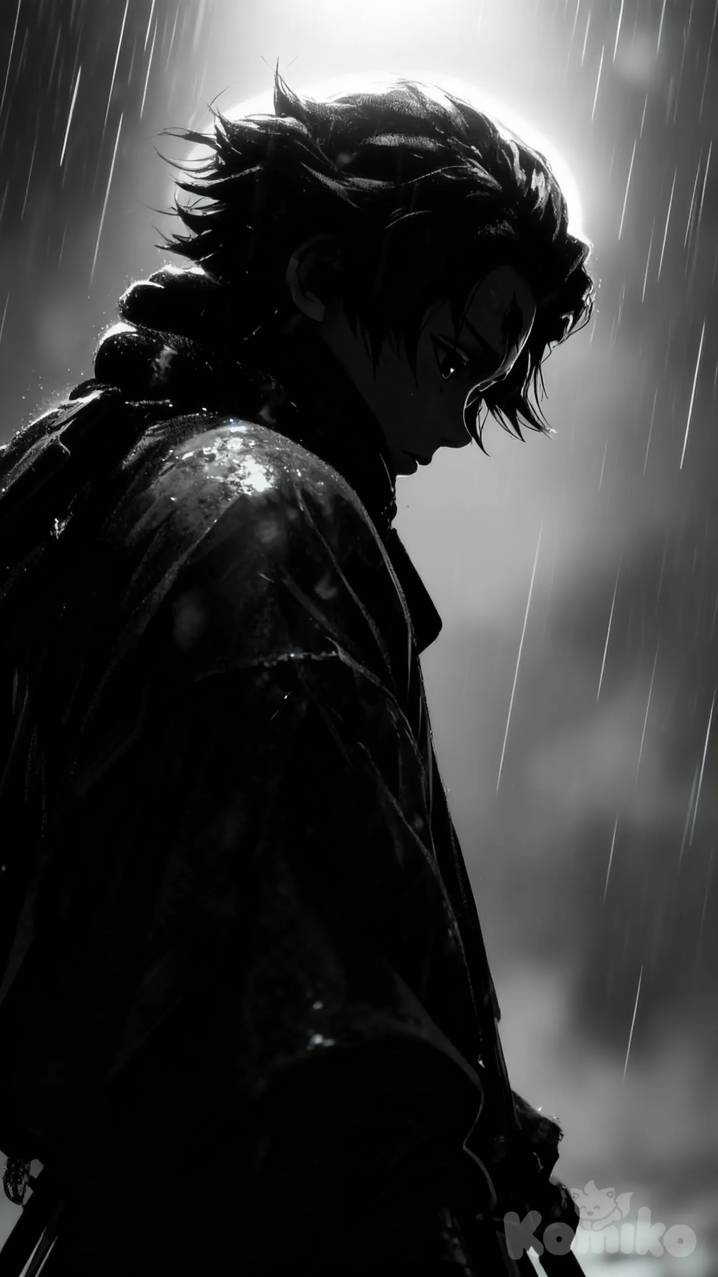 A dramatic anime-style silhouette of a young warrior standing in the rain, head slightly bowed in sorrow. Soft light from above creates a glowing rim-light around his hair and shoulders. Raindrops fall diagonally across the scene, adding movement and emotional weight. The background is blurred, misty, and monochrome with a cold, cinematic atmosphere. High-detail shading on the character’s wet cloak and hair, reflective highlights, melancholic mood, ultra-realistic anime rendering, high contrast, deep shadows, volumetric lighting.”