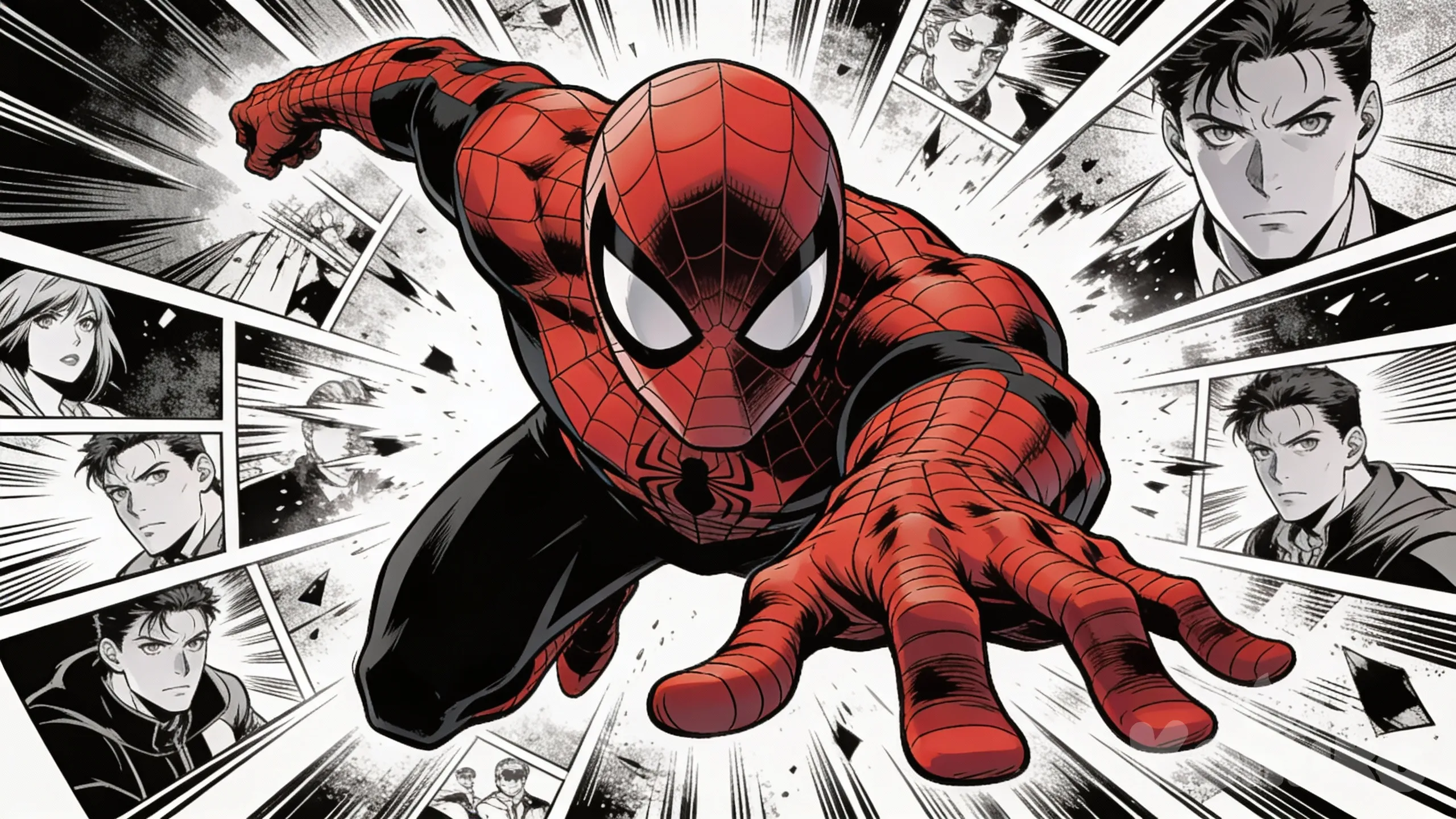 Dynamic close-up of Spider-Man diving forward, red suit with black web texture, dramatic foreshortened perspective, intense action pose, classic comic book illustration style, black-and-white comic panels exploding outward in the background, radial burst composition, bold ink lines, high contrast shading, halftone texture, cinematic lighting, ultra sharp focus, HD quality, graphic novel art, vertical 9:16