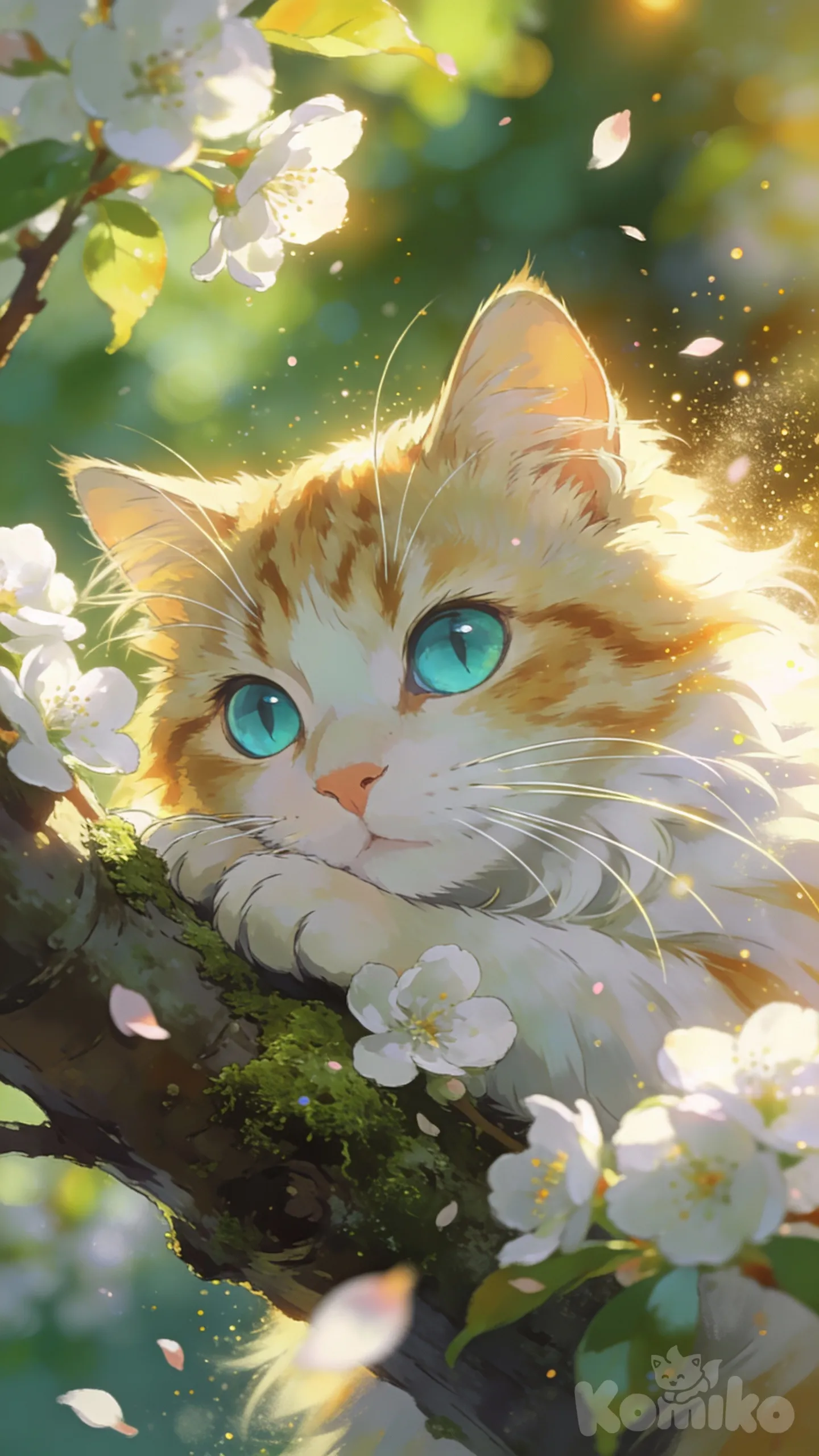 A fluffy cream-and-ginger tabby cat with large, vivid turquoise eyes, resting on a mossy tree branch covered in white spring blossoms. Soft golden sunlight filters through the leaves creating warm rim light and volumetric dust/petal particles. Extremely fur texture, delicate whiskers catching light, shallow depth of field with dreamy bokeh in the background, painterly-photorealism, cinematic composition, soft color palette with greens and warm highlights, vertical portrait orientation, ultra-high resolution, 8K, hyper-realistic lighting and shadows, magical spring atmosphere in hd high 16k quality
