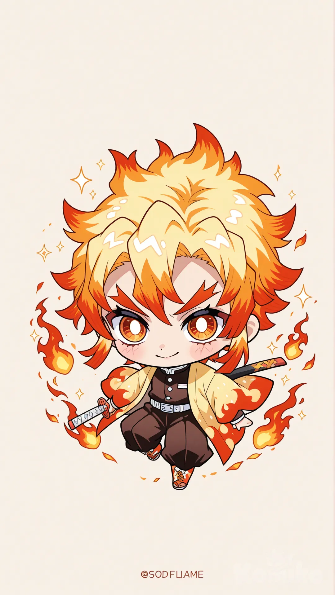 Ultra-cute chibi Fire Hashira inspired character, single character, full-body. Super-deformed chibi proportions with oversized head and tiny body, big bright amber anime eyes, confident cheerful smile. Spiky golden-yellow hair with fiery red tips, flame-shaped eyebrows. Wearing a Demon Slayer uniform with a flowing Flame Hashira haori featuring bold flame patterns in red, orange, and yellow. Holding a katana with flame-shaped tsuba. Small stylized flames, glowing embers, and sparkles floating around him. Clean cream or warm beige background, clean lineart, soft cel shading with slight watercolor texture, kawaii anime illustration style, warm glowing lighting, energetic and heroic mood, ultra HD quality, resolution, crisp and vibrant.”