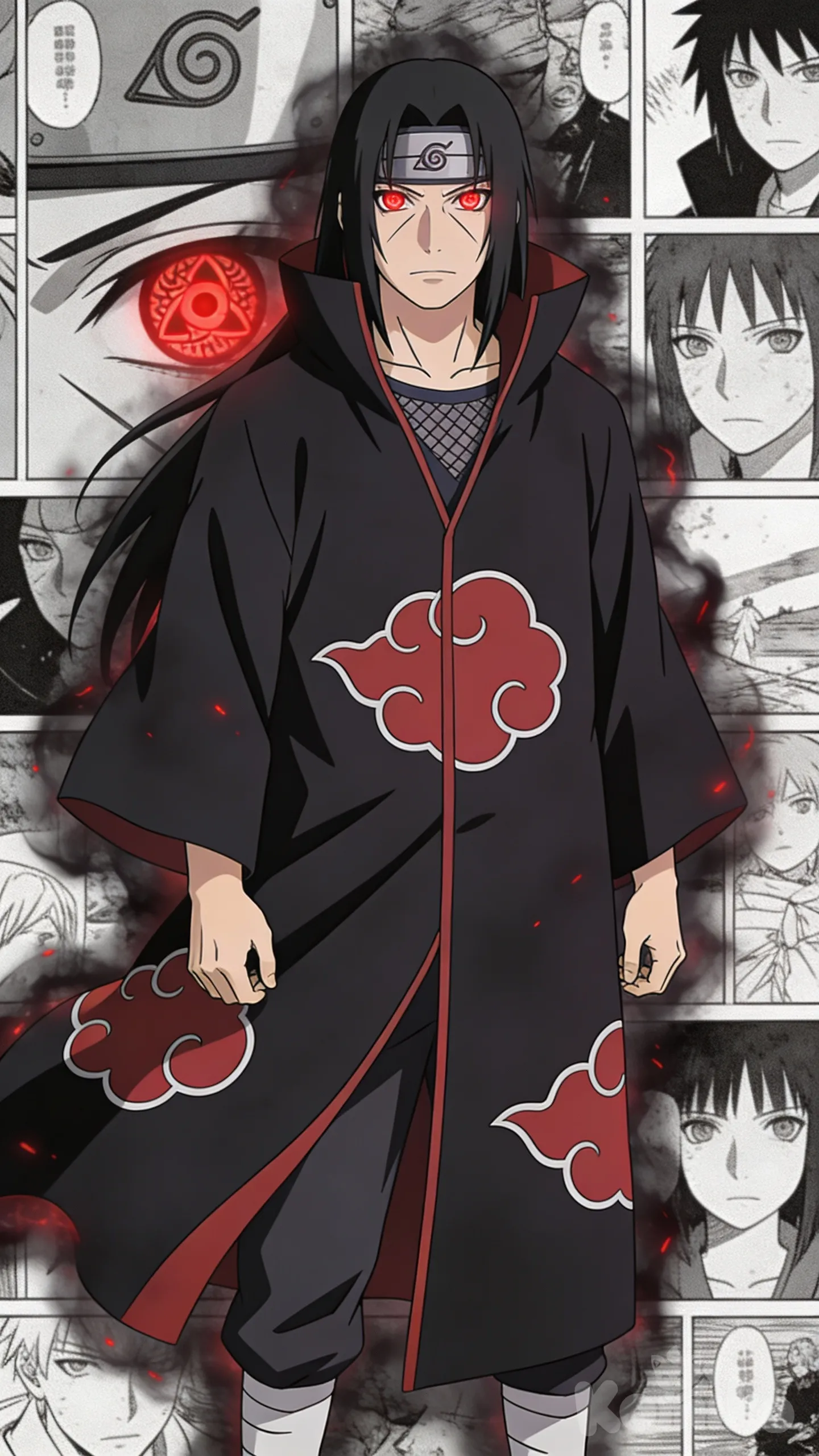 A calm and intimidating anime warrior inspired by a legendary shinobi, standing full body with a composed expression. Long black hair framing the face, wearing a dark cloak with red cloud patterns flowing slightly in the wind. Red glowing eyes with a subtle hypnotic effect, hands relaxed but powerful. Dark chakra aura with faint red energy particles surrounding the body. Background composed of grayscale manga panels arranged as a collage, creating depth and contrast. Ultra-anime illustration, sharp line art, cinematic lighting, dramatic shadows, clean edges, poster-style composition, vertical format, ultra HD, quality.itachi uchia in eyes sharingan