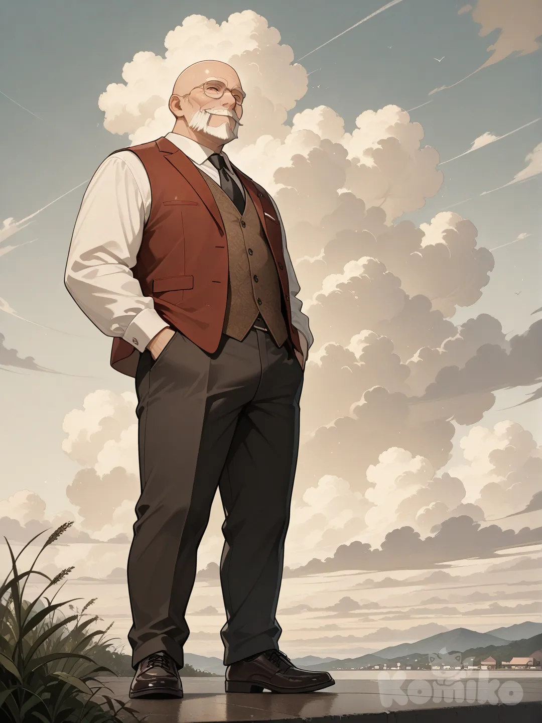 crane chauve, vieux,petite barbe, hands in pockets, vest, full body, day, cloud