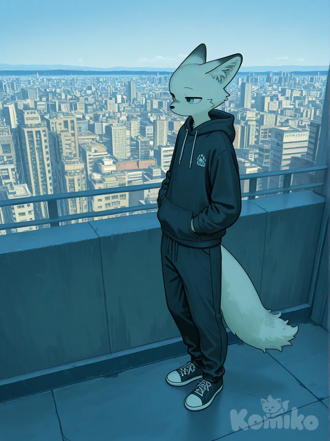 [realistic-furry-style]renard blanc-humain, hands in pockets, hoodie, full body, day, cityscape