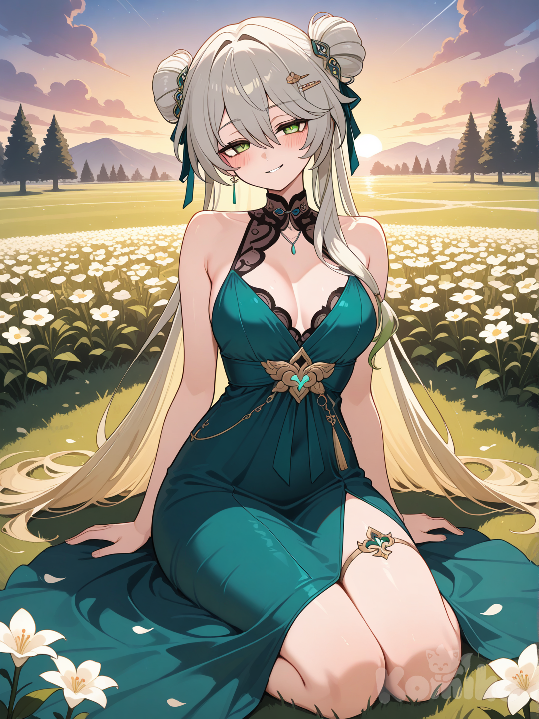 Nemo (Fate) ,Luocha (Honkai:Star Rail) ,fusion, 1girl, full body, sitting on the ground, head tilt, smirk, blush, evening dress, hair accessory, double buns, twilight, flower field