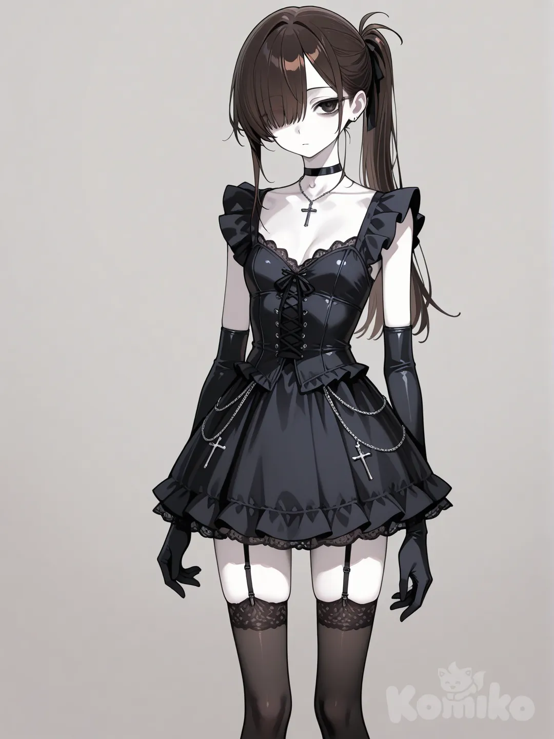 chica joven, piel muy blanca, muy delgada, pelo castaño oscuro largo con cola de caballoy chasquilla, con traje de gotica sexy