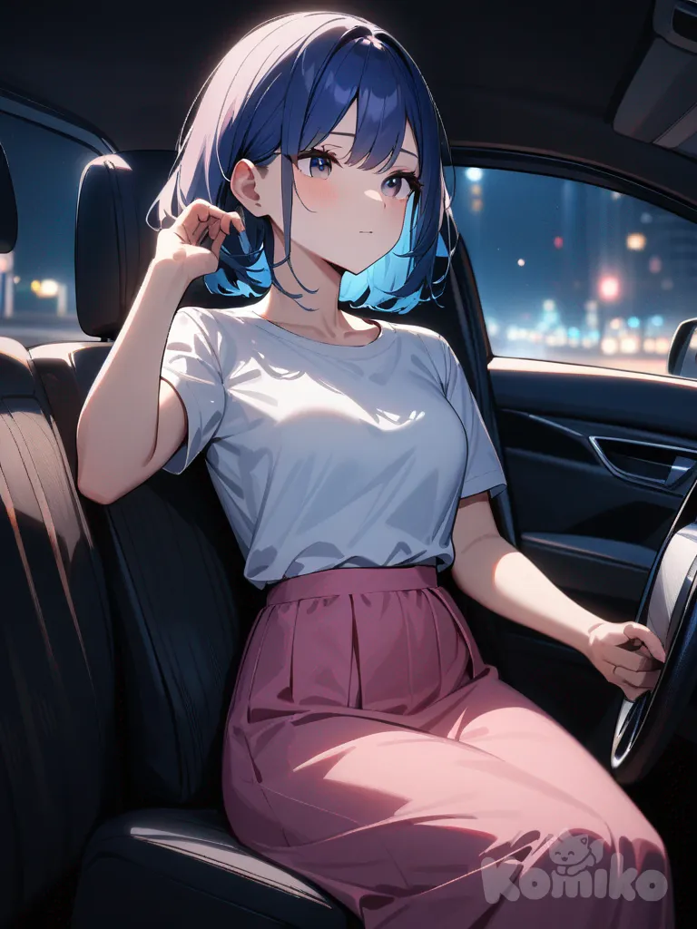 1girl,solo,cowboy shot,blue hair,upper body,car,Sitting in a seat,at midnight,medium breasts,White t-shirt, pink long skirt