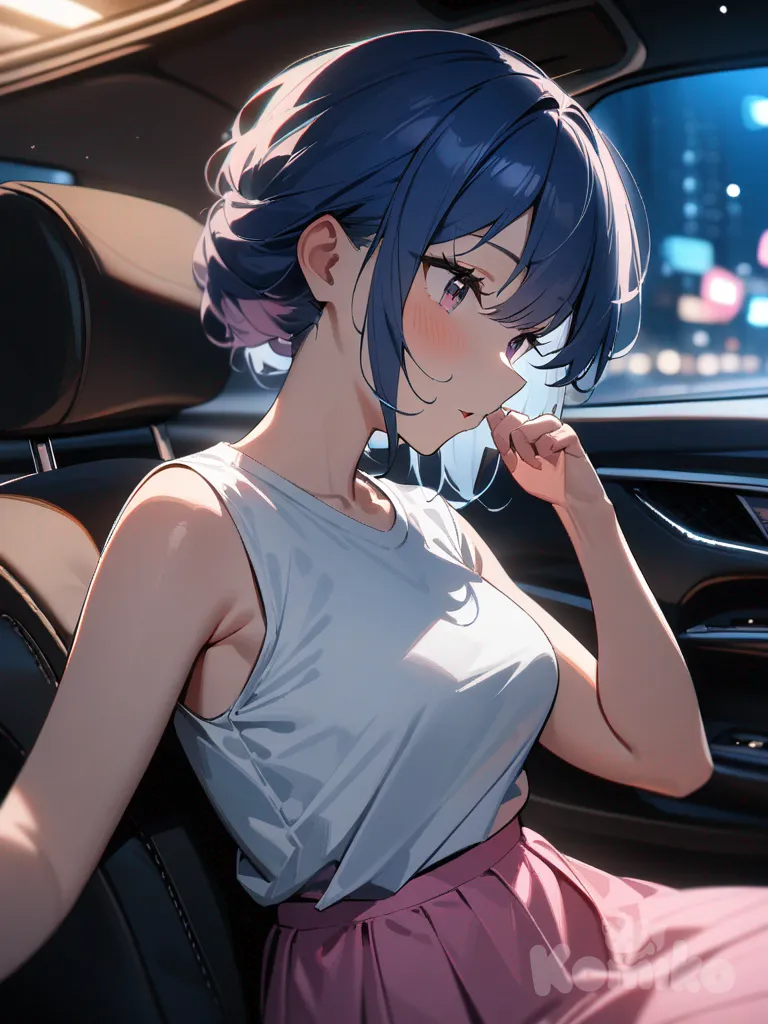 1girl,solo,cowboy shot,blue hair,upper body,car,Sitting in a seat,at midnight,medium breasts,White t-shirt, pink long skirt