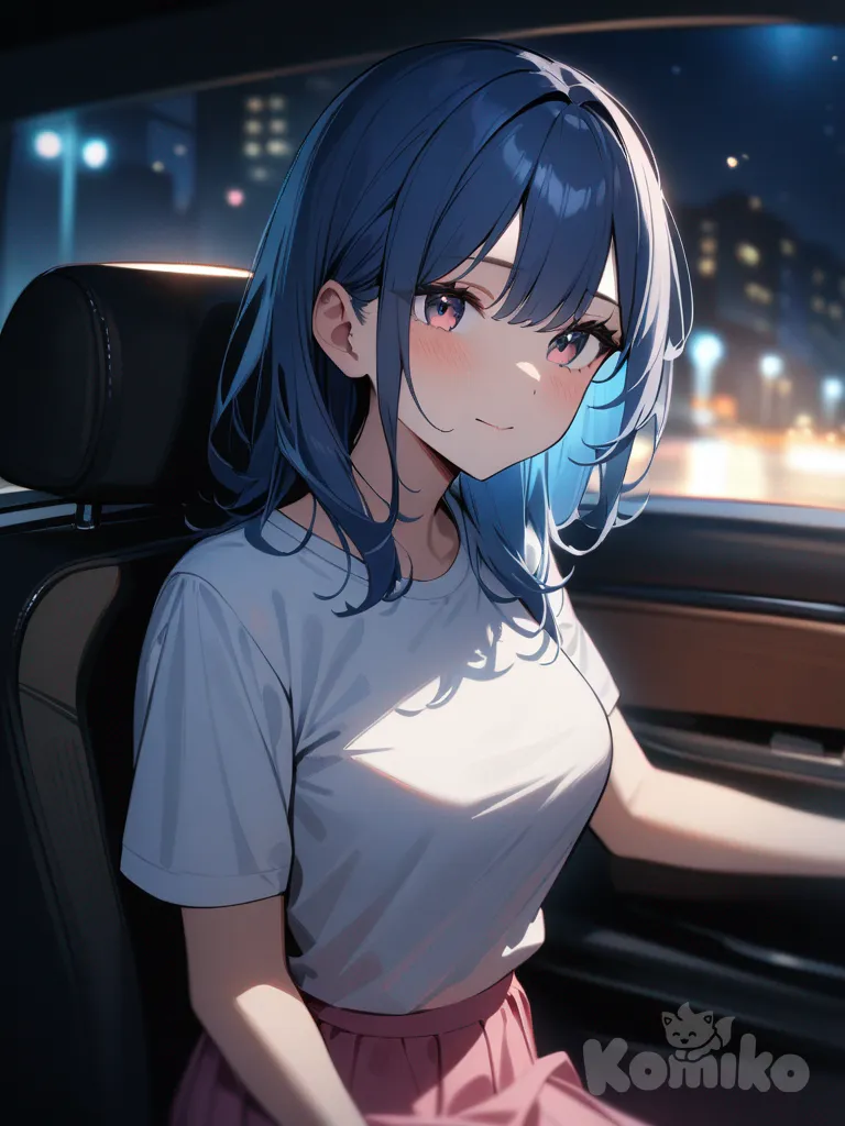 1girl,solo,cowboy shot,blue hair,upper body,car,Sitting in a seat,at midnight,medium breasts,White t-shirt, pink long skirt