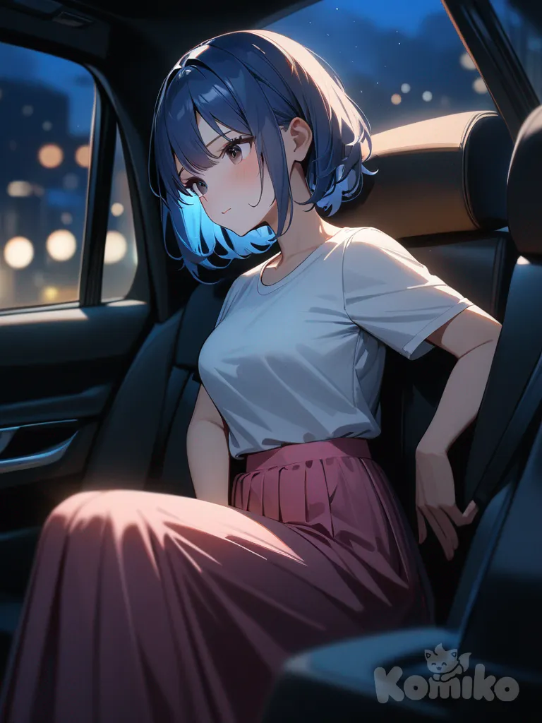 1girl,solo,cowboy shot,blue hair,upper body,car,Sitting in a seat,at midnight,medium breasts,White t-shirt, pink long skirt