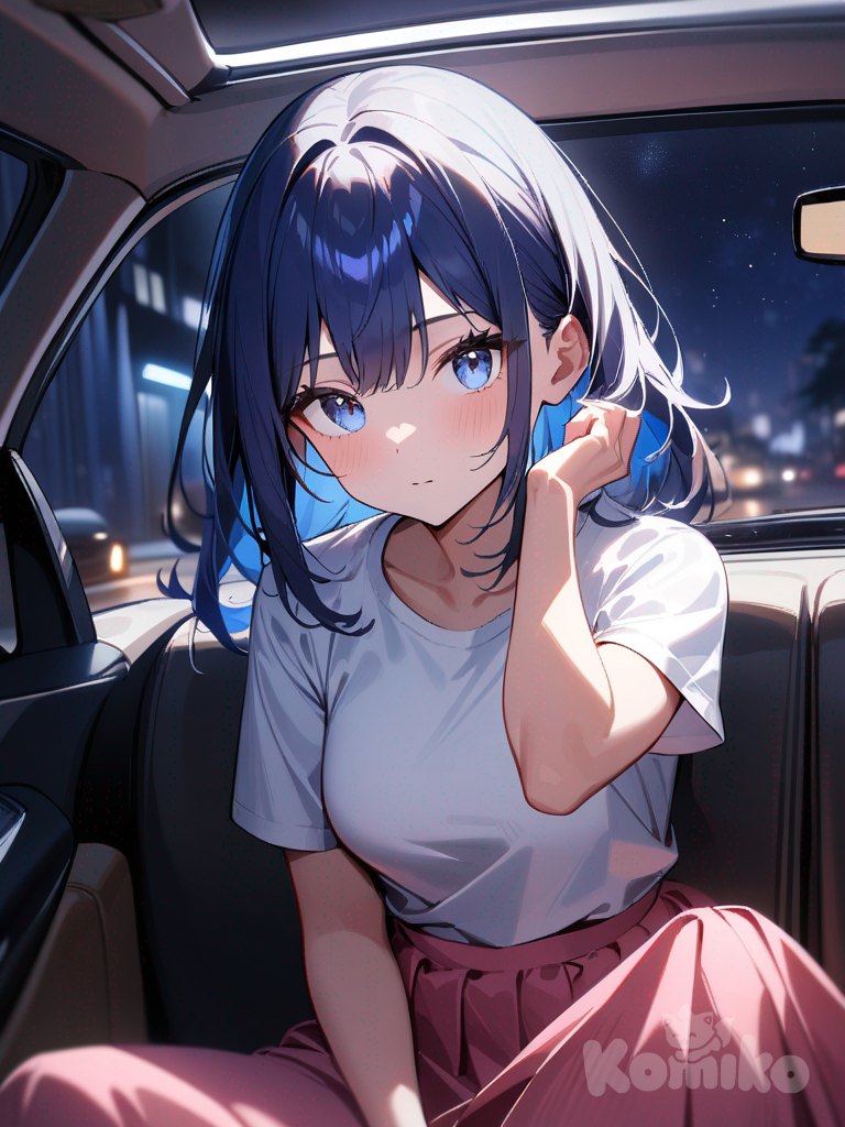 1girl,solo,cowboy shot,blue hair,upper body,car,Sitting in a seat,at midnight,medium breasts,White t-shirt, pink long skirt