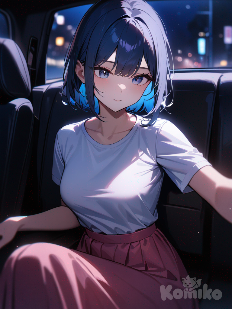 1girl,solo,cowboy shot,blue hair,upper body,car,Sitting in a seat,at midnight,medium breasts,White t-shirt, pink long skirt