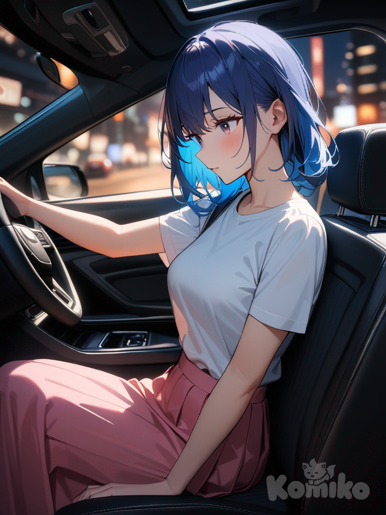 1girl,solo,cowboy shot,blue hair,upper body,car,Sitting in a seat,at midnight,medium breasts,White t-shirt, pink long skirt