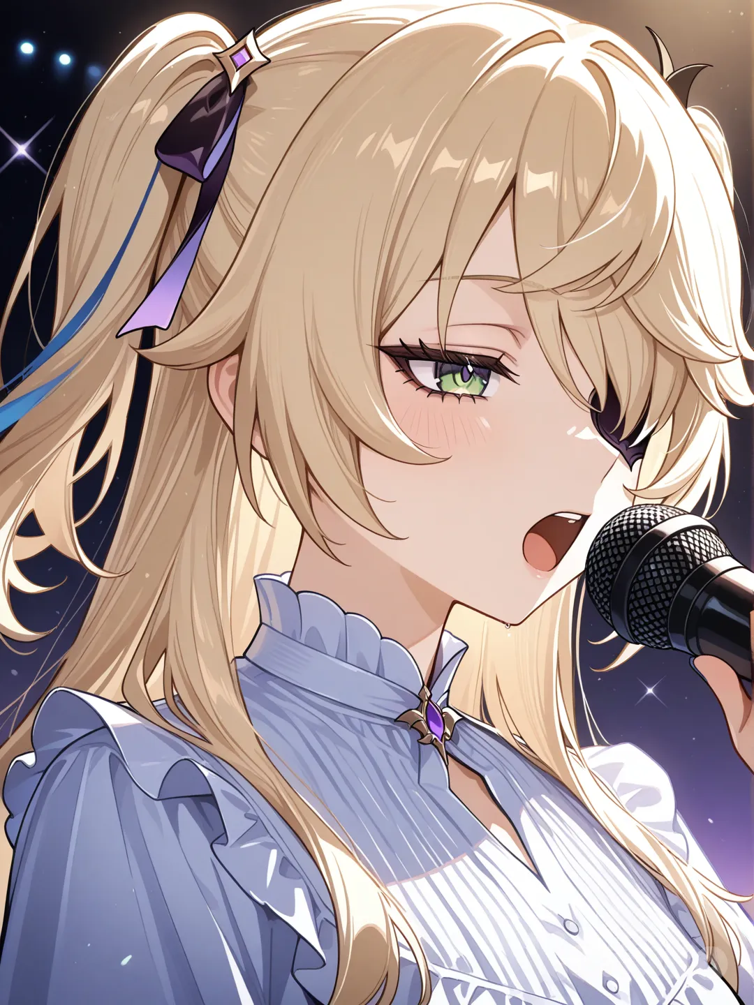 @Fischl_(Genshin_Impact), @Neuvillette_(Genshin_Impact), singing, bohemian shirt, portrait, ambient light