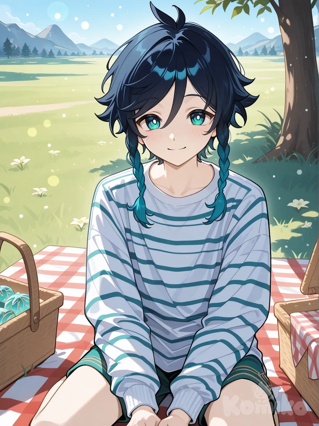 @Venti_(Genshin_Impact) , striped shirt, looking at viewer, picnic
