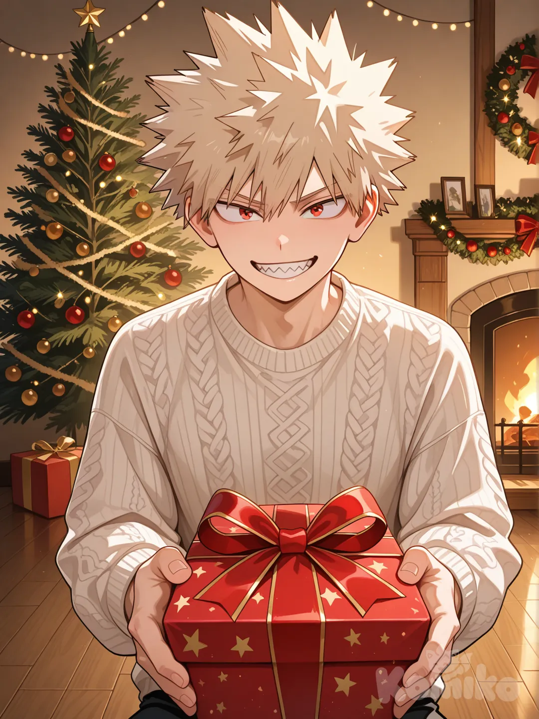 @Bakugou_Katsuki en una habitación abriendo un regalo y detrás de él está un árbol de navidad