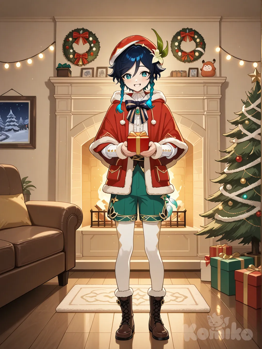 @Venti_(Genshin_Impact) cuerpo completo en una habitación abriendo un regalo y detrás de él hay un árbol de navidad