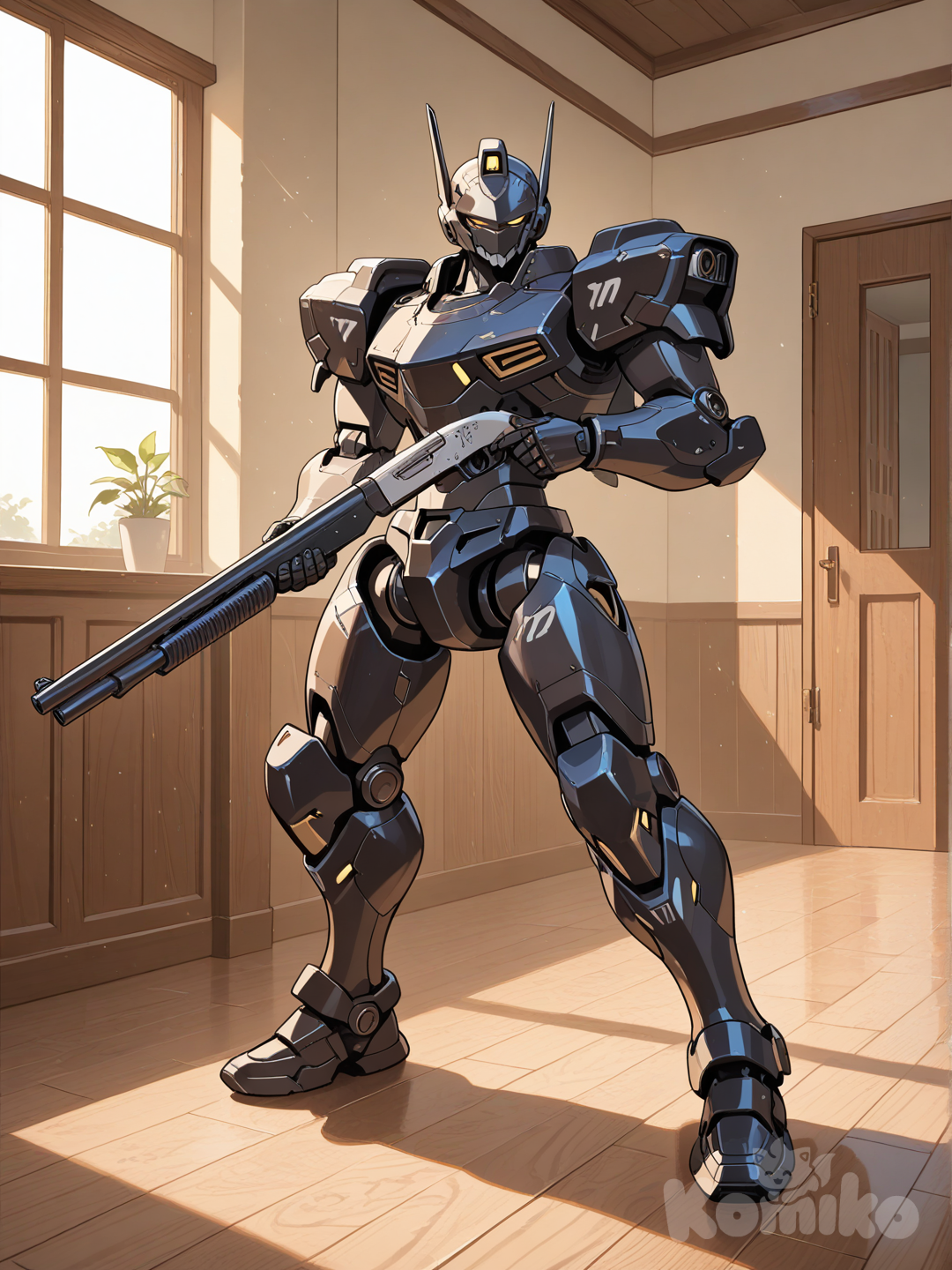 Un robot sosteniendo una escopeta