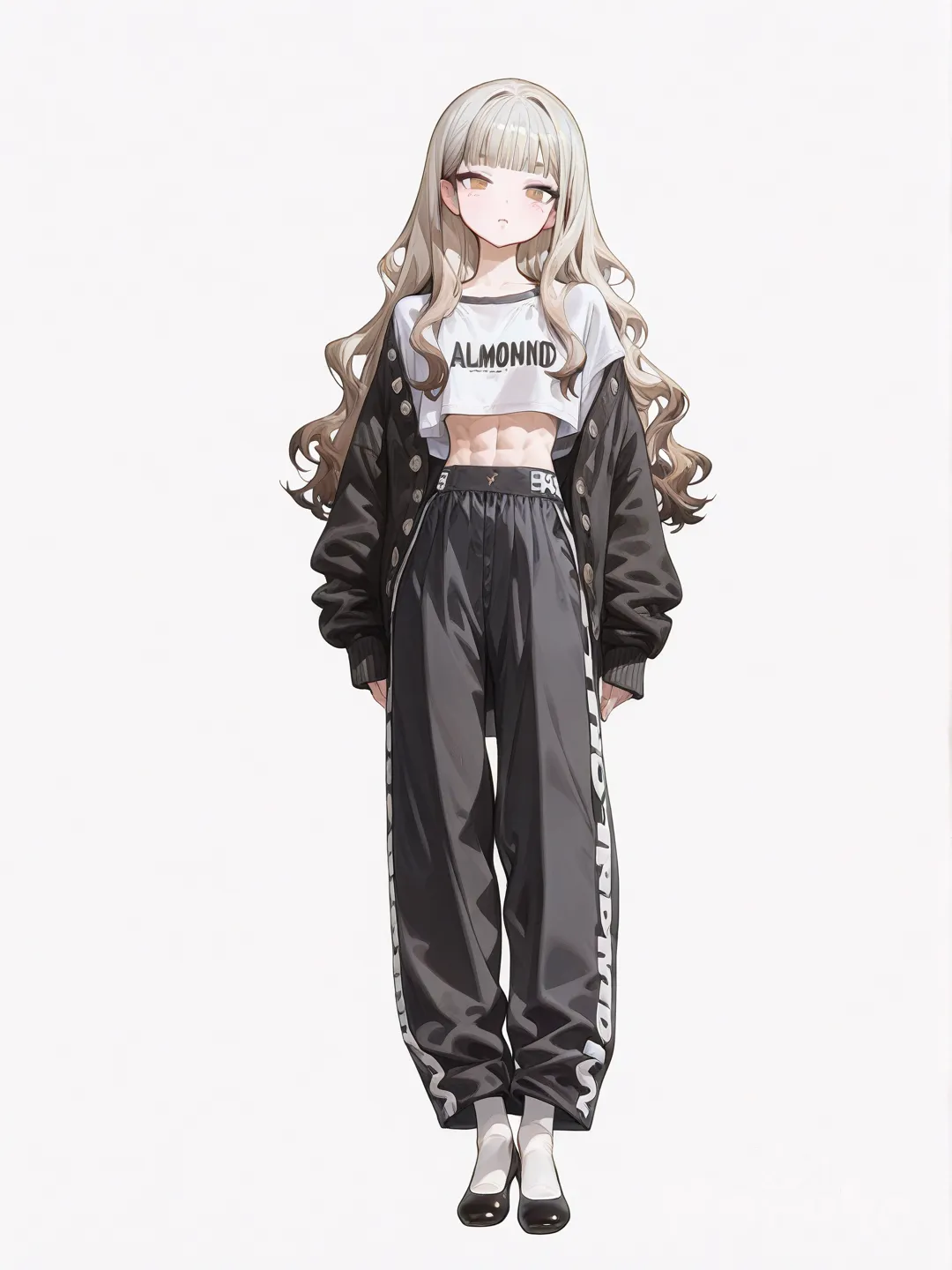 1girl, 1image, korean, tall, slim, long hair, slightly wavyhair, small face, oval face, narrow jawline, light makeup, blunt bangs, long slanted eyes, loose clothes, white simple crop shirt, slim woman abs, black cardigan, black medium pants, crew socks, mid-calf white socks, black ballet shoes, full body, white background, simple background, looking at viewer, front view, [high-gloss-illustration-style]