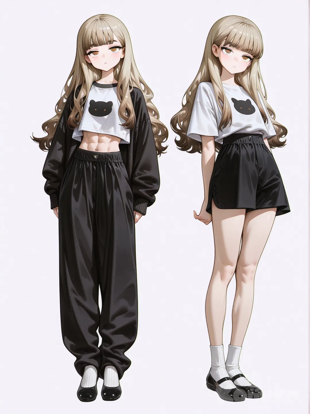 1girl, korean, tall, slim, long hair, c curl hair, small face, oval face, narrow jawline, light makeup, blunt bangs, long slanted eyes, loose clothes, white simple crop shirt, slim woman abs, black cardigan, black medium pants, crew socks, mid-calf white socks, black ballet shoes, full body, white background, simple background, looking at viewer, front view, [high-gloss-illustration-style]