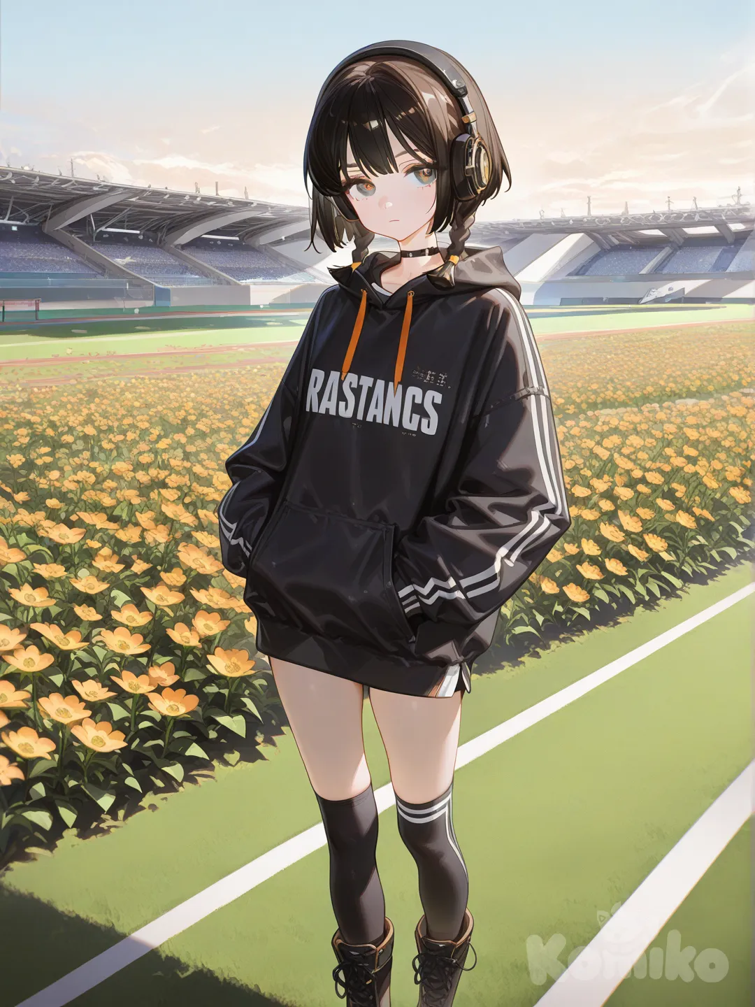 1girl, [high-gloss-illustration-style], hands in pockets, expressionless, track, track, sportswear, hoodie, knee-high socks, boots, headphones, bob cut, twin braids, close-up, ambient light, flower field