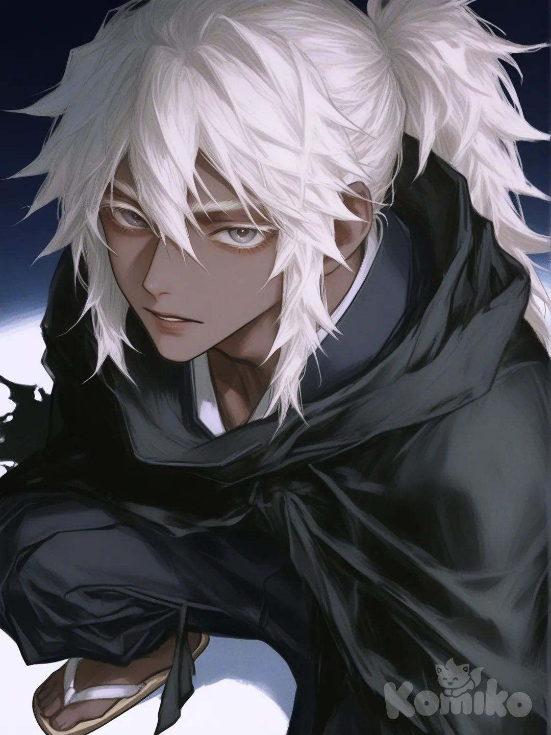 [semi-realistic-portrait-style] 1boy, demon slayer style, mature, athletic build, white hair, ponytail, grey eyes, dark skin, shadowed skin, black kimono, black cloak, night, moonlight, single character, full body, looking at viewer, anime style, simple background, white background