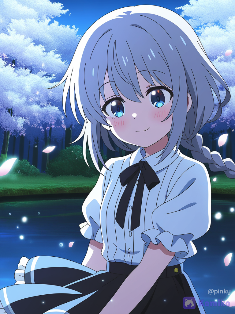 anime girl with silver hair with long braid with black ribbon, cute kawaii style, adorable character design, [bright-anime-style], she smiles, wears a white frilled shirt and a black skirt, pensive, romantic, blossoms, spring, in front of a lake with fireflies in a forest, lot of bubbles, wind