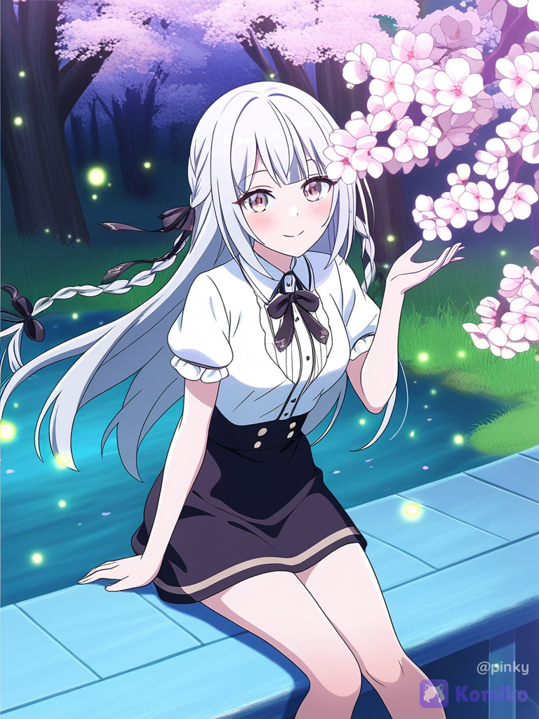 anime girl with silver hair with long braid with black ribbon, cute kawaii style, adorable character design, [bright-anime-style], she smiles, wears a white frilled shirt and a black skirt, pensive, romantic, blossoms, spring, in front of a lake with fireflies in a forest, lot of bubbles, wind