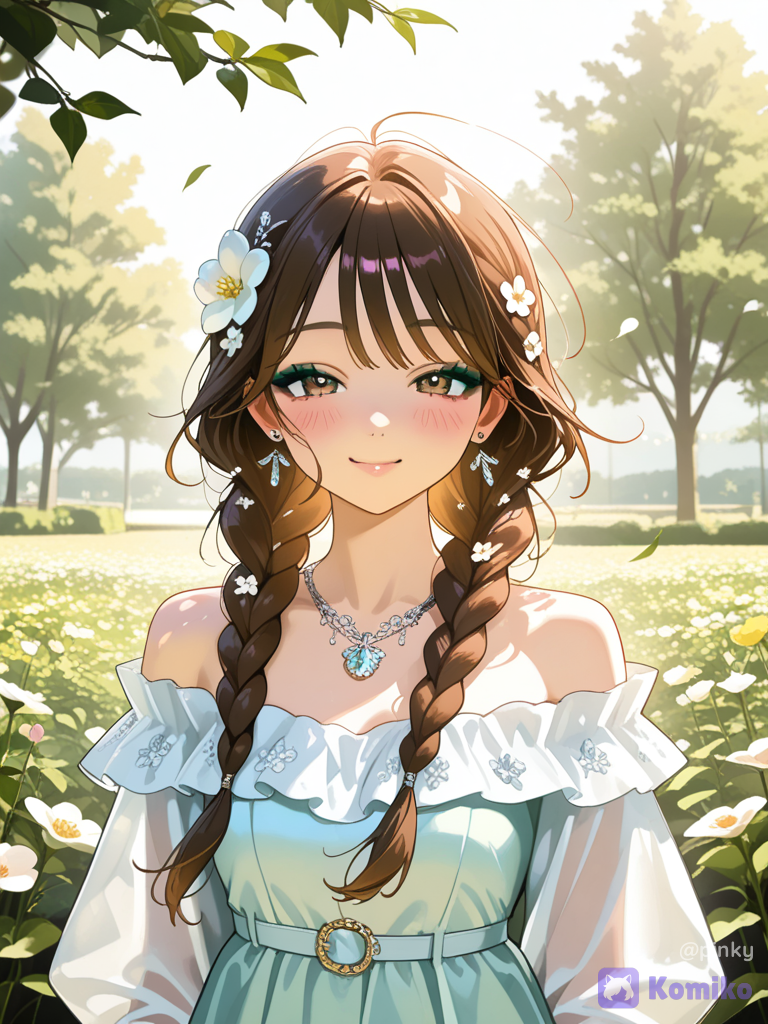 breathtaking young woman with soft, fair porcelain skin and naturally delicate features. She has long chestnut-brown hair styled into two thick, loose braids that fall gracefully over her shoulders, with soft wispy bangs framing her face. Tiny white blossoms, pale pink flowers, fresh green leaves, and delicate baby's breath are carefully woven throughout her braids, creating the appearance of a woodland fairy. A few loose strands dance gently in the warm spring breeze.
Her large warm brown eyes sparkle naturally beneath long curled lashes, complemented by soft peach eyeshadow, subtle eyeliner, naturally flushed cheeks, and glossy rosy lips curved into a gentle, genuine smile. She wears a delicate silver necklace with a small crystal pendant, matching elegant stud earrings, and a flowing off-shoulder chiffon dress in a soft sage-green color. The lightweight fabric moves beautifully with the breeze, enhancing her graceful appearance.
She stands peacefully in the middle of a blooming flower garden filled with pastel roses, wildflowers, and lush greenery. Warm golden sunlight filters through the tall trees behind her, illuminating her face with a soft natural glow. The atmosphere feels fresh, calm, and magical, with subtle wind movement in her hair, flowers, and dress. Photorealistic, ultra-cinematic lighting, realistic skin texture, soft depth of field, dreamy spring atmosphere, luxury portrait photography, high-end fashion editorial style, 85mm lens, natural color grading, quality, 8K, extremely realistic.