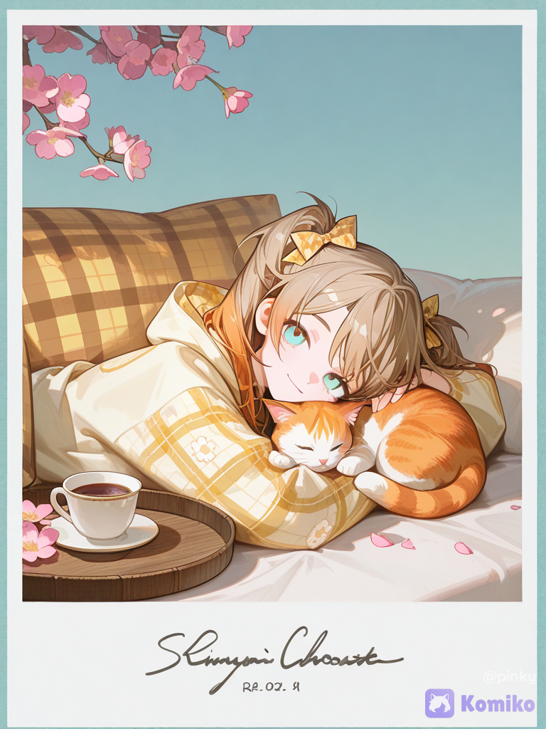 An anime-style illustration depicts a girl with light brown hair tied into two high pigtails with a yellow-and-white plaid ribbon bow. She has large, shimmering teal eyes, flushed cheeks, and a gentle smile as she looks toward the viewer. She is wearing a cozy cream-colored hoodie decorated with a daisy pattern along the sleeves and a yellow plaid lining inside the hood. She is lying down, cuddling an orange and white tabby cat that looks content with its eyes closed, while another similar tabby cat rests near her head on a brown plaid pillow.
The surrounding scene is filled with cheerful, casual details. To her left, there is a wooden tray holding a white cup of black coffee or tea and some square biscuits. Near the bottom, small polaroid-style photos showing landscape illustrations are scattered along with small pink flower blossoms. The overall color scheme is bright, warm, and comforting, featuring soft pastel tones and a light blue background., [high-gloss-illustration-style]