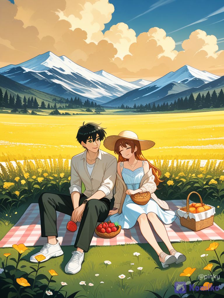 award-winning digital illustration, premium anime artwork, beautifully hand-painted illustration, cinematic anime style, breathtaking scenery, elegant linework, painterly rendering, original anime characters, highly clothing, soft painterly shading, vibrant natural colors, ultra-environment, cinematic composition, emotional storytelling, natural candid moment, volumetric sunlight, depth of field, magical golden hour lighting, dreamlike atmosphere, visible illustration style, NOT photorealistic, NOT photography, clearly illustrated characters. Use the exact reference appearance of Sergio and Esra. Preserve their faces exactly while keeping them clearly illustrated anime characters with soft painterly rendering. Do not generate realistic human skin or photographic facial textures. Sergio uses the modern textured fade hairstyle from the hairstyle reference. The scene captures a peaceful afternoon during their dream vacation in the Swiss Alps. They are enjoying an elegant picnic in an enormous alpine meadow covered with thousands of colorful wildflowers. A large woven picnic blanket rests on the grass beside a traditional wicker basket overflowing with artisan bread, croissants, fresh grapes, cherries, strawberries, peaches, assorted cheeses, honey, sparkling mineral water, orange juice, tea for Esra, and a small bouquet of alpine flowers. Behind them stretches one of the most breathtaking landscapes in Switzerland: endless emerald valleys, crystal-clear turquoise alpine lakes, majestic snow-covered mountains, glaciers, dramatic cliffs, dense pine forests and an endless blue sky with soft white clouds. The composition emphasizes both the overwhelming beauty of nature and the intimacy between the couple. Sergio Elegant luxury casual picnic outfit. Light beige linen shirt with the sleeves naturally rolled to the forearms. Top two buttons casually open. Light khaki tailored chinos. Brown leather loafers. Elegant wristwatch. Modern textured fade hairstyle with volume. Relaxed posture sitting comfortably on the blanket. His entire attention is on Esra. Although the Swiss Alps are breathtaking, Sergio barely notices them because he cannot stop looking at Esra. He watches her with unmistakable admiration, tenderness and quiet love. His eyes are soft, warm and affectionate. His smile is genuine, subtle and completely natural. His posture leans slightly toward her without realizing it. One hand gently rests near hers as if unconsciously wanting to stay connected. His expression should communicate: "She is the most beautiful thing in this entire landscape." Esra Elegant romantic picnic outfit. Soft ivory midi dress decorated with delicate embroidered flowers. Light cream knitted cardigan loosely resting on her shoulders. Elegant white sneakers or beige sandals. Straw sun hat resting beside the blanket. Delicate gold necklace. Small earrings. White quilted handbag beside the picnic basket. She naturally rests her head against Sergio's shoulder with a peaceful smile and closed eyes, enjoying the warmth of being together. Her long hair gently moves with the alpine breeze. The wind softly moves her dress and cardigan. Wildflowers sway naturally around them. Nothing should look posed. No eye contact with the viewer. No fashion photoshoot feeling. This should feel like someone quietly captured a beautiful memory during their vacation. The environment should feel peaceful, warm, luxurious, intimate and unforgettable. The couple appears completely immersed in each other's company. The breathtaking mountains are magnificent, yet Sergio makes it clear that Esra is the true center of his world. Style Premium anime illustration. Beautiful painterly rendering. Elegant digital painting. High-end visual novel artwork. Original character illustration. Studio-quality composition. Soft cinematic lighting. Rich environmental storytelling. Illustrated facial features. Anime-inspired eyes. Natural body language. Luxury travel illustration. No realism. No photographic skin. No DSLR appearance. No real person rendering. Negative Prompt photorealistic, photography, DSLR, RAW photo, hyper realistic, ultra realistic, lifelike, real person, realistic skin pores, photographic lighting, realistic facial texture, live action, celebrity, fashion photography, selfie, camera shot, watermark, logo, text, blurry, low quality, bad anatomy, extra limbs, extra fingers, missing fingers, deformed hands, distorted face, duplicate body parts, cropped, stiff posing, looking at camera, expressionless, plastic skin, oversaturated colors, modern city, buildings, vehicles, tourists, noise, compression artifacts, flat composition.