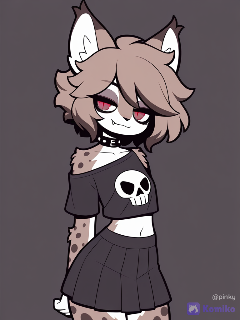 1boy, solo, furry, lynx boy, lynx ears, pointy ears, two-tone fur, (brown fur, white fur), brown head, dark-brown spots, dark-brown hair, short hair, fluffy hair, hair between eyes, streaked hair, red eyes, black pupils, slit pupils, fang, spiked teeth, navel, exposed navel, flat chest, thick thighs, wide chest, left-handed, (black t-shirt, cropped t-shirt, off-shoulder t-shirt, skull print, black skirt, pleated skirt, medium skirt, lowleg skirt), black collar, light smile, half-closed eyes, looking at viewer, [pop-toon-style], facing viewer, v-fingers, no lineart