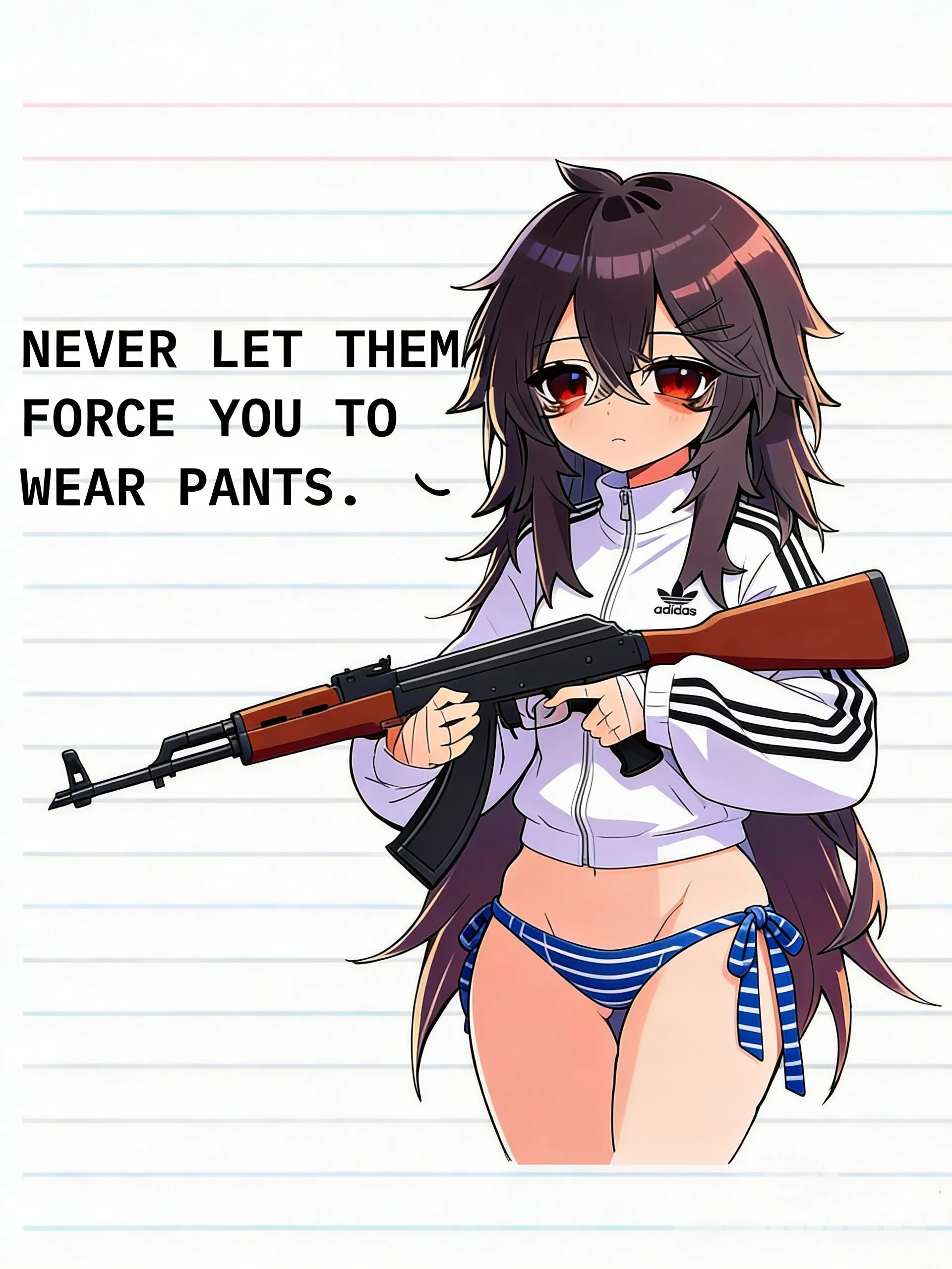 Fully colored, wearing white striped adidas tracksuit jacket, blue striped side tie bikini bottom