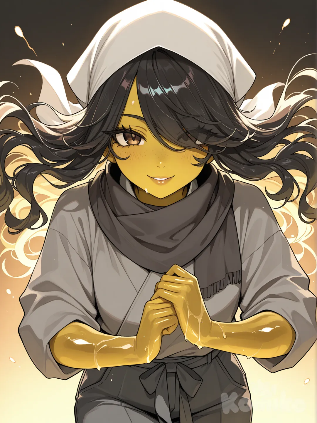 She moved with a natural grace that seemed to carry the rhythm of ancient deserts and modern cities alike. Her eyes, the deep shade of rich coffee or twilight, held stories and a keen intelligence. Framed by long, dark lashes, their gaze was both warm and penetrating. Her hair, like a cascade of dark silk, flowed in waves that caught the light, sometimes partially covered by a stylish keffiyeh or scarf that added an air of elegant mystery.Her features were striking – high cheekbones, a strong nose, and full lips that easily curved into a generous smile. The light danced on her golden-olive skin, reminiscent of sun-kissed dunes. She wore a modern, tailored abaya in a deep charcoal grey over fitted trousers, the fabric moving fluidly with her. It was an ensemble that spoke of confidence and contemporary style while honoring heritage.What was most captivating was not any single feature, but the aura she carried: one of quiet strength, self-assuredness, and a vibrant spirit that shone through. She was like a modern Scheherazade – not a mystery to be unraveled by others, but the author of her own compelling story.