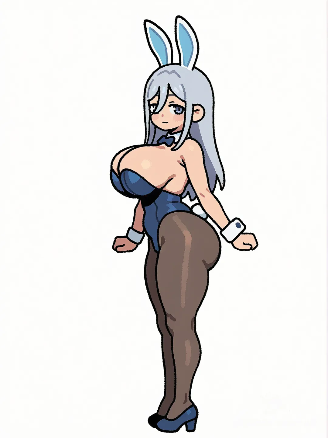 Female only, side view, from side, standing, breasts bigger than head, hourglass figure, ass bigger than head, ligth skin, bunnysuit, skintight clothing, cuffs_(clothing), bunny ears, bunny costume,
[thick-outline-style], clean background, white background, water mask with 100% opacity, without watermark, full body