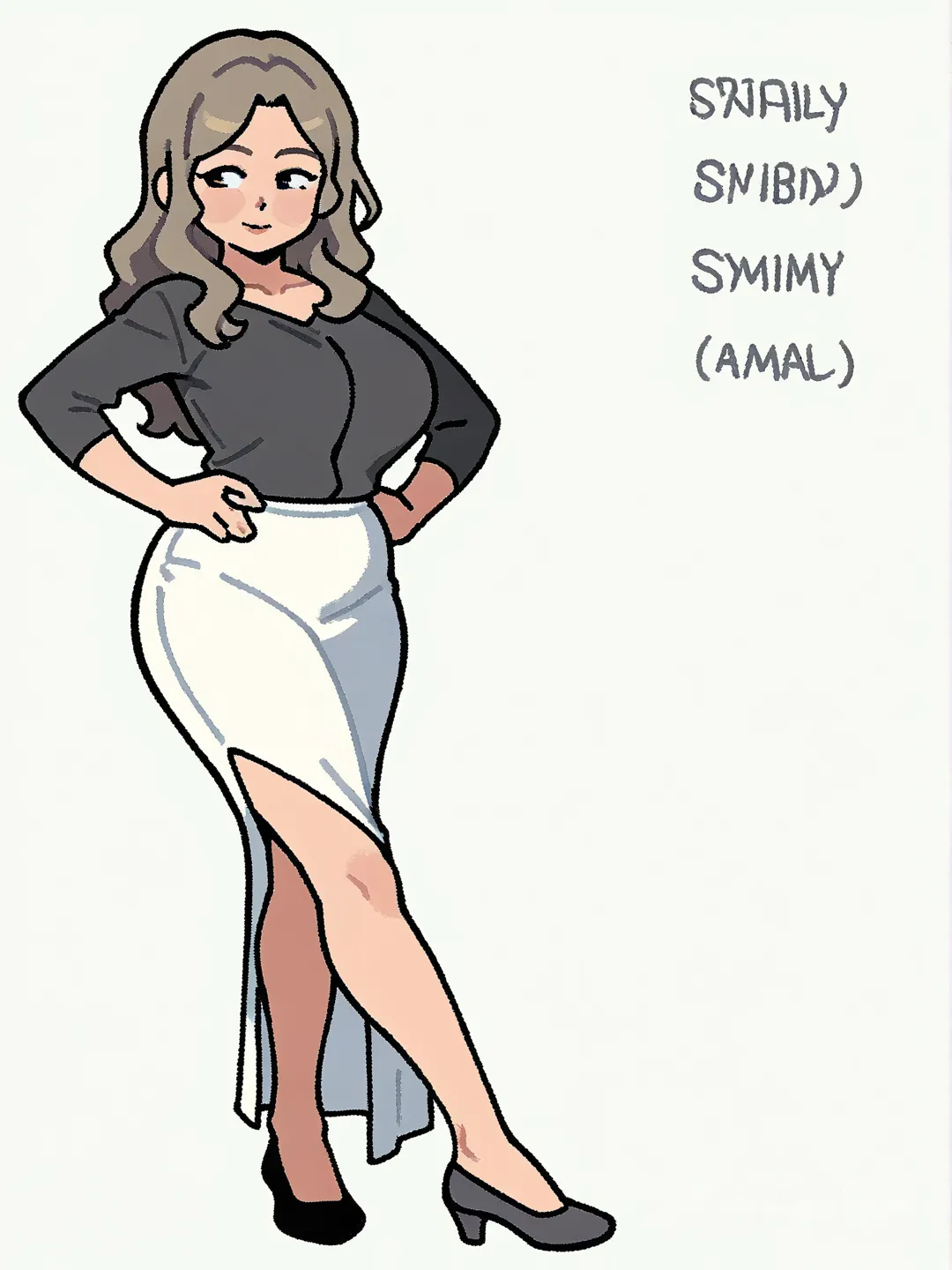 Adult, adult female, curvy figure, long legs, 
mature female, side view, from_side, hands_on_own_hips, looking_to_the_side, standing, [thick-outline-style], clean background, white background, water mask with 100% opacity, without watermark, full body, wavy_hair