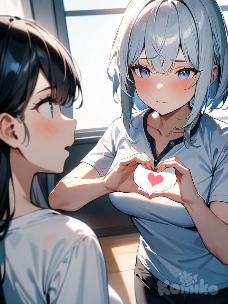 2girls, heart hands, henley shirt, looking away