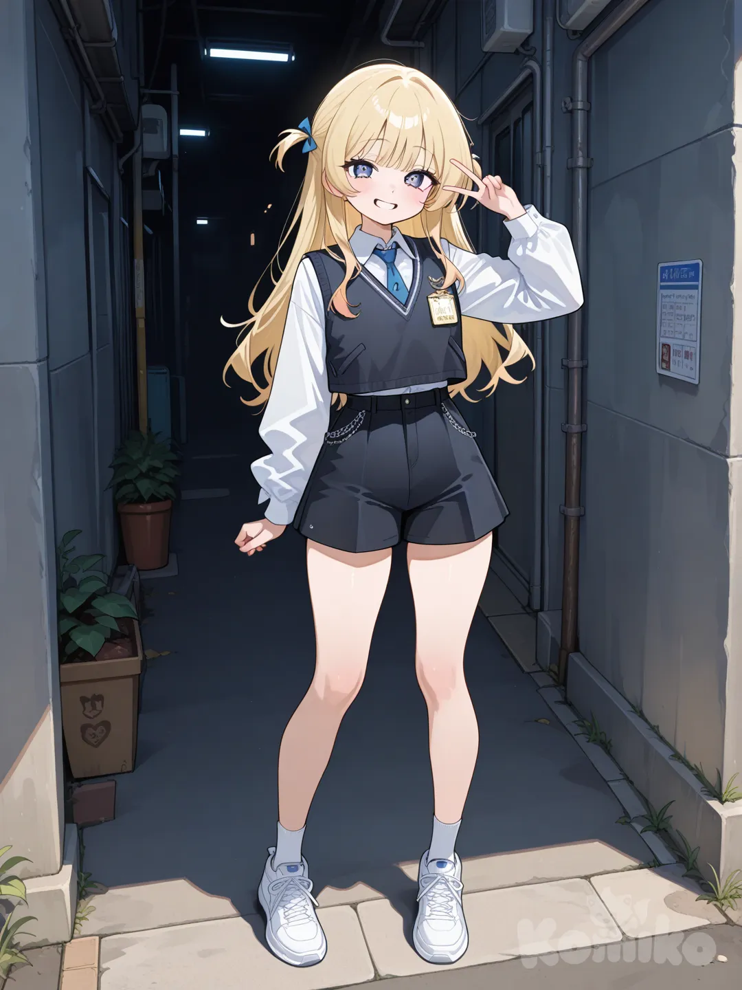 1girl, v sign, vest, full body