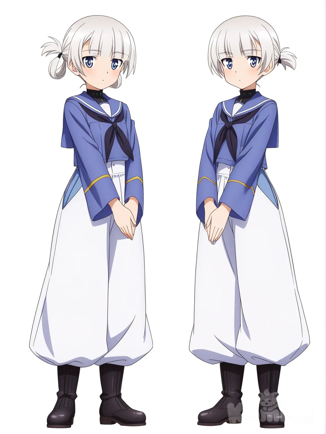 [pop-anime-style] 2girls, identical_twins, witches, white_hair, tied_hair, covered_clothes, full_body, looking_at_viewer, anime_style, simple_background, white_background