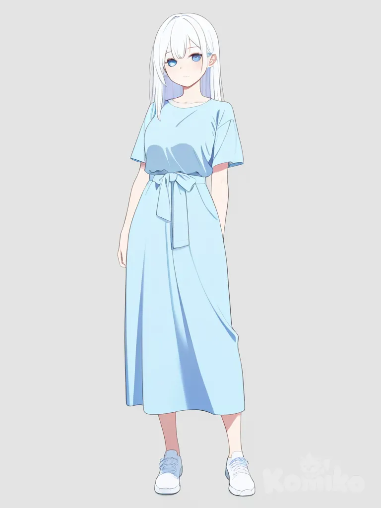 1girl, mature female, athletic, off-white hair, blue eyes, full body, single character, full body, looking at viewer, anime style, simple background, white background