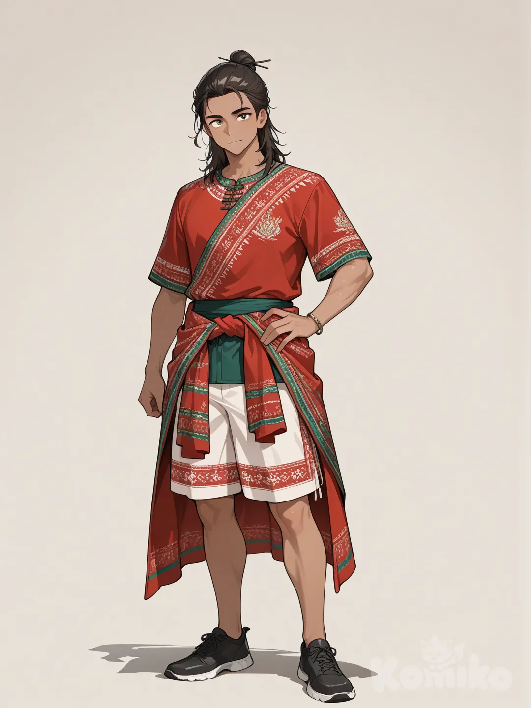 1boy, pakai celana pendek, sarung dipinggang, kopiah