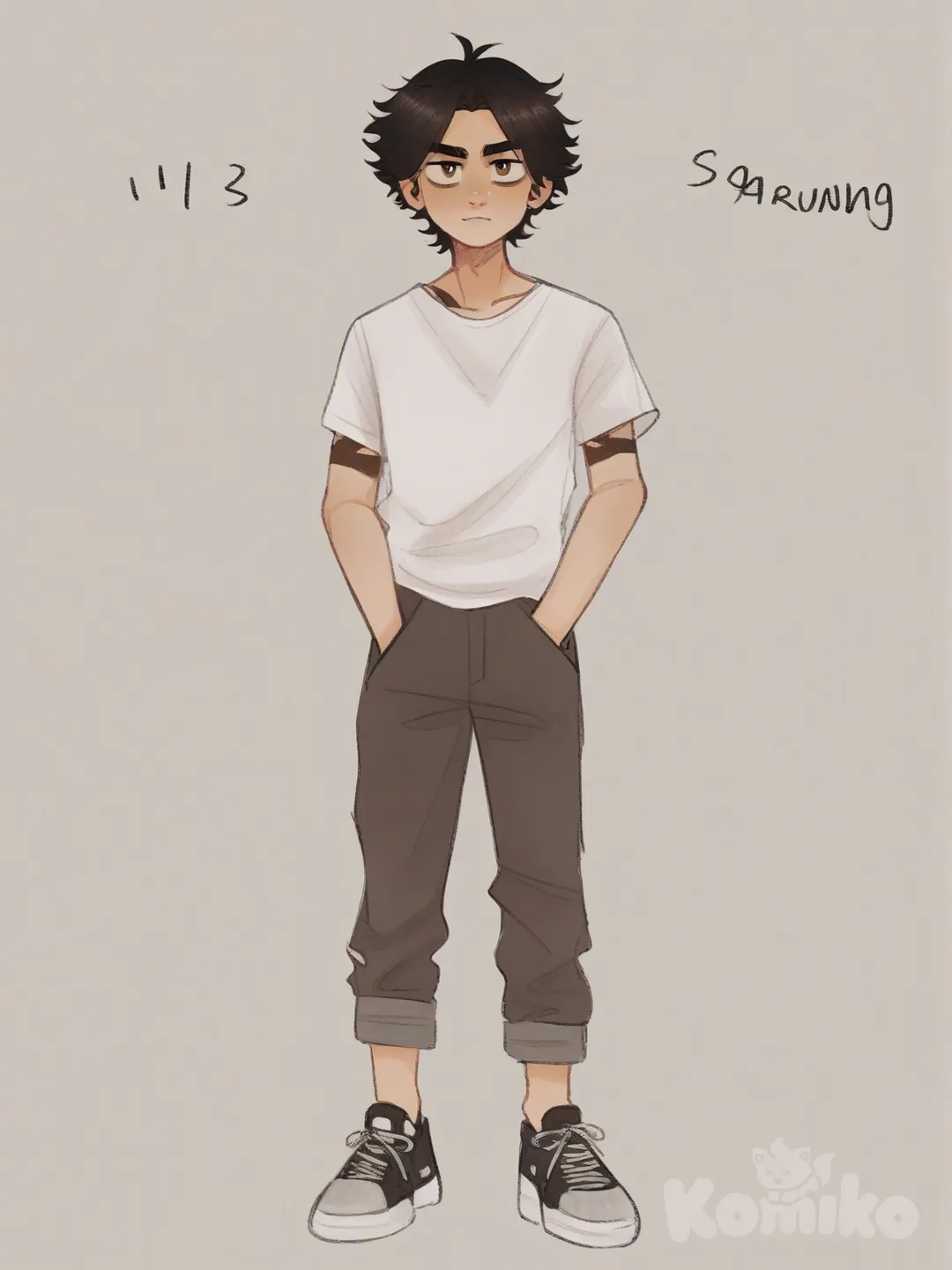 [soft-shaded-moe-style] 1boy, solo, teenager, peci, sarung, single character, full body, looking at viewer, anime style, simple background, white background