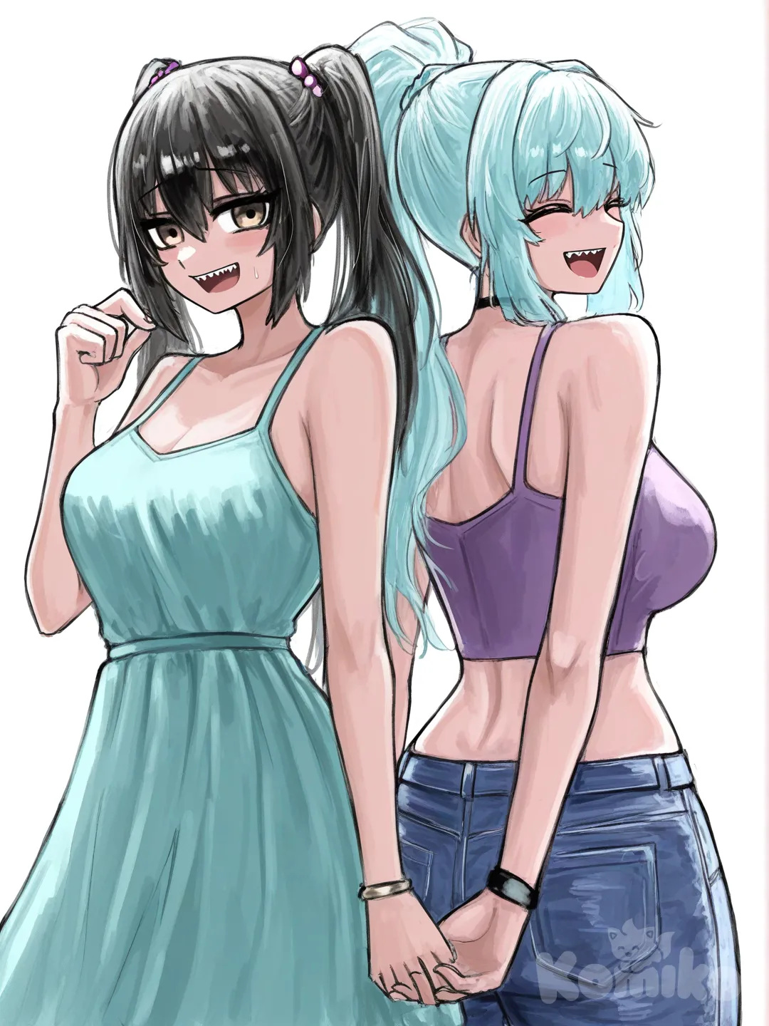 [sketchy-painterly-style] 2girls, back_to_back, laughing, purple_crop_top, jeans, blue_dress, high_ponytail, twintails, light_blue, khaki, sidelighting, garden, wizards, soft_pastel_style, full_body, looking_at_viewer, simple_background, white_background