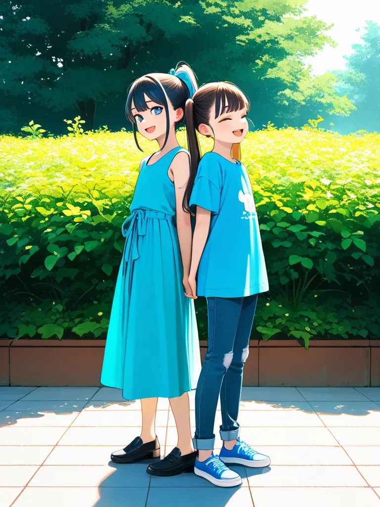 2girls, back_to_back, laughing, purple_crop_top, jeans, blue_dress, high_ponytail, twintails, light_blue, khaki, sidelighting, garden, wizards, soft_pastel_style, full_body, looking_at_viewer, simple_background, white_background