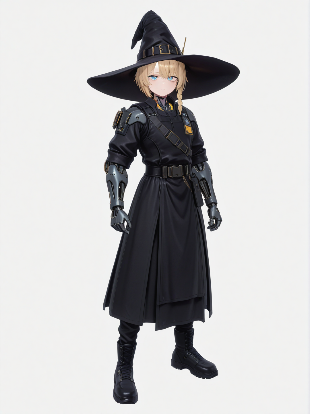 [3d-anime-style] 1boy, witch, cyborg, cyberpunk, single character, full body, looking at viewer, anime style, simple background, white background